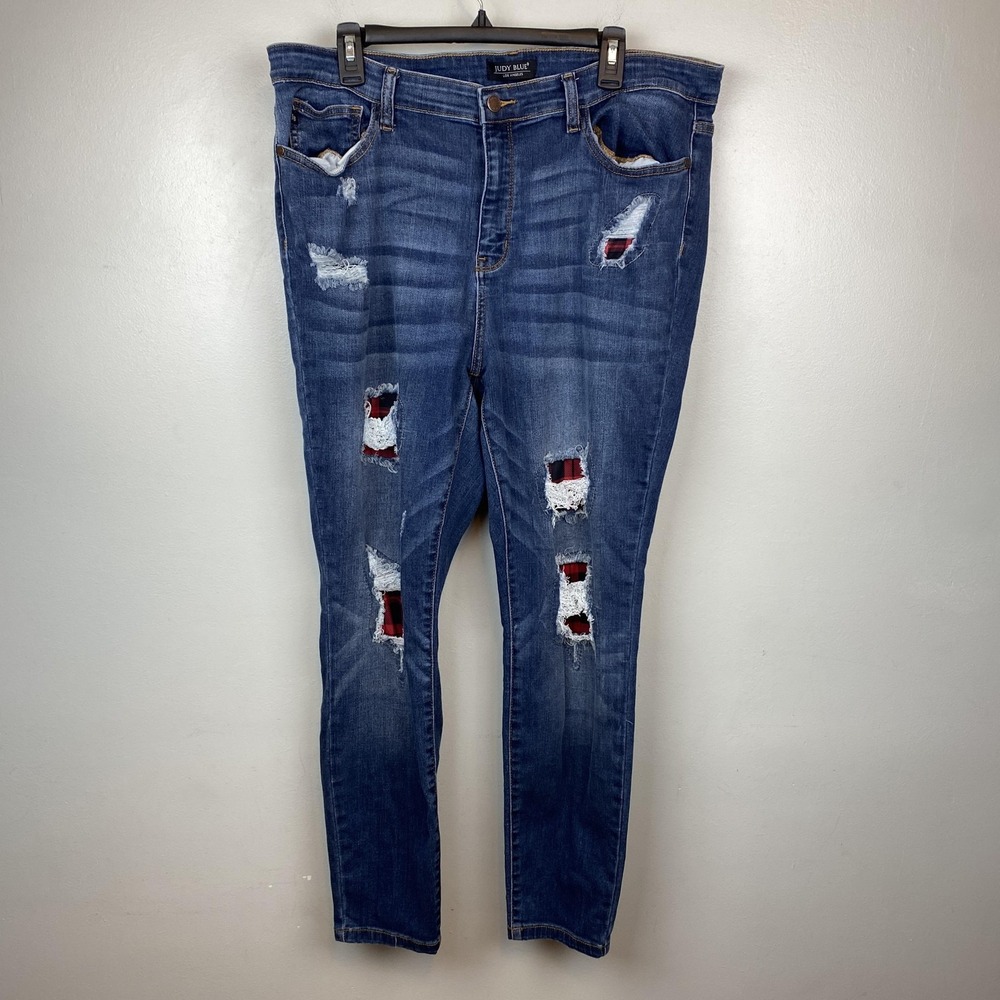 Judy Blue Jeans Womens 2XL Blue Skinny Fit Distressed Plaid Patchwork JB8268DK
